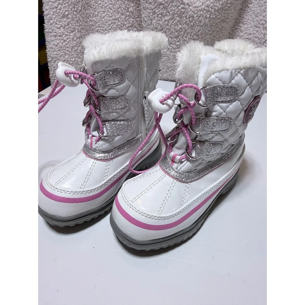 Totes Kids Star White Quilted Snow Boots Pink Glitter Faux Fur Size 8 Toddler